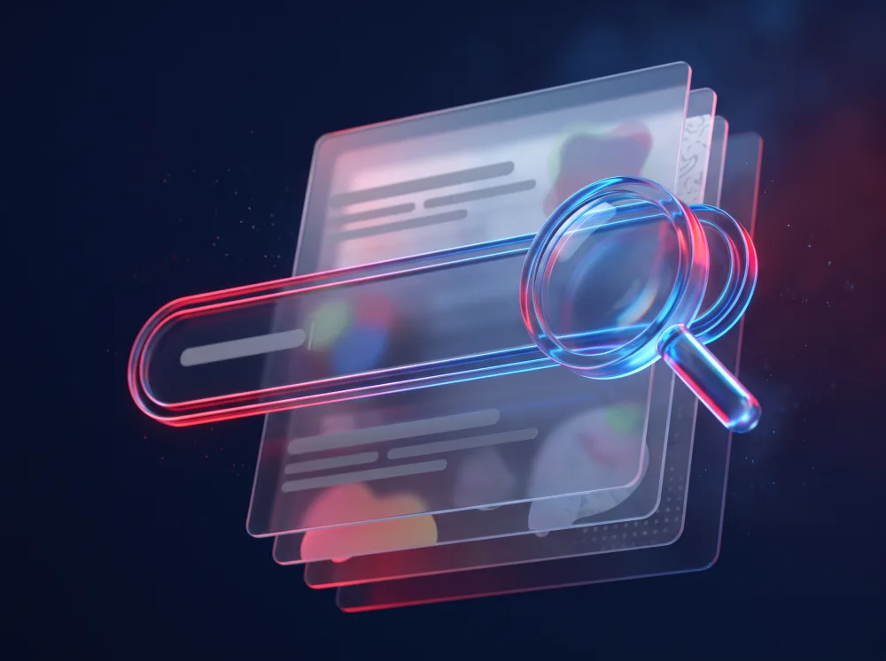 Abstract concept of a search bar in front of stacked result cards