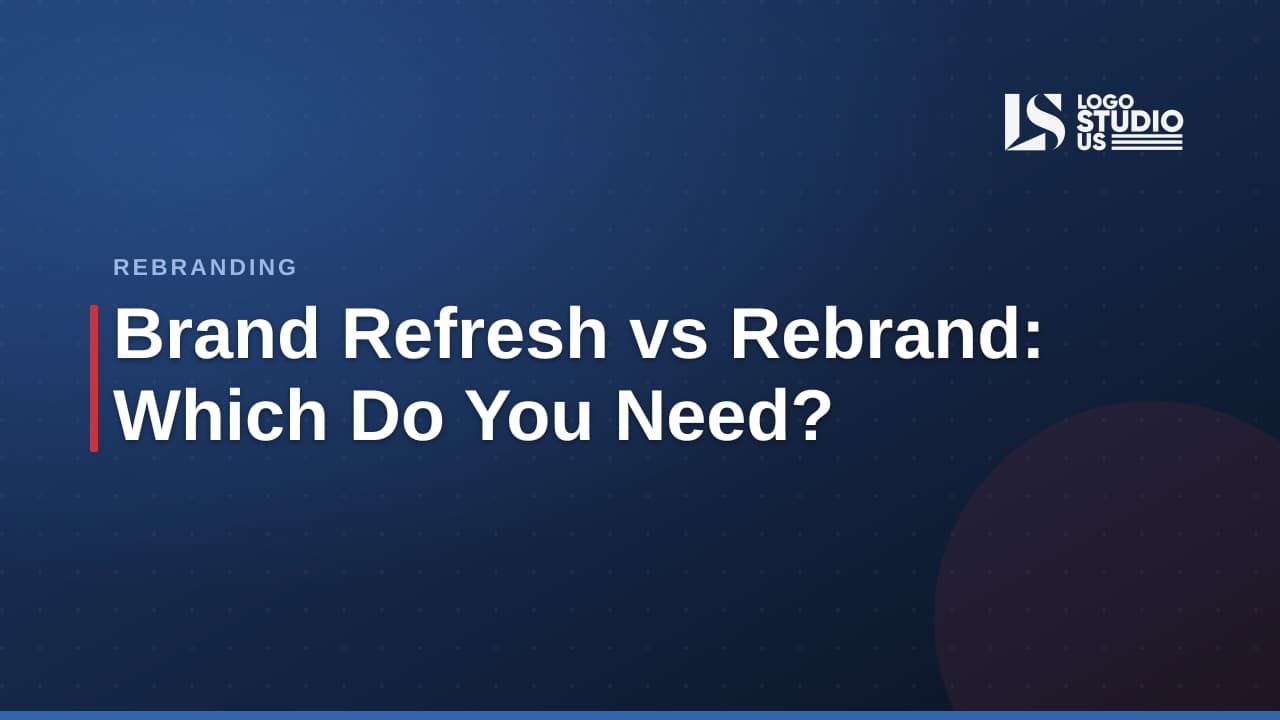 Business team reviewing brand refresh vs rebrand strategy on a presentation board